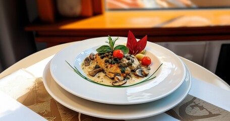 Une assiette de poulet dans un restaurant, sauce avec des champignons et des câpres, pommes de terre crémeuse et tomates cerises baignant dans le jus, concept de cuisine gastronomique.