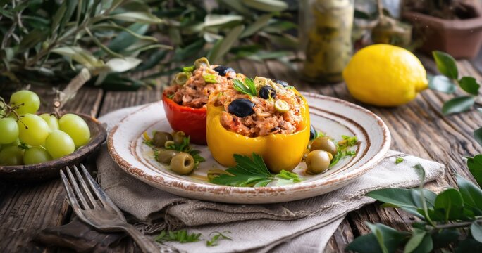 Une assiette avec deux poivrons jaune et rouge, farcis et garnis de thon, de c&acirc;pres et d'olives pos&eacute;e sur une table en bois rustique. Concept de cuisine fait maison.