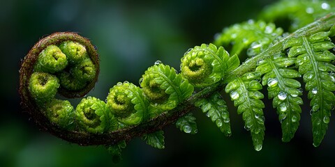 Macro: unfurling vibrant green fern frond. Sharp focus: intricate leaflet textures, patterns. Blurred dark green forest background. Glistening dew.