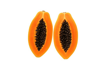 Fresh ripe papaya fruit cut in half showing vibrant orange flesh and black seeds isolated on transparent background. Perfect tropical fruit for healthy eating, diet concept