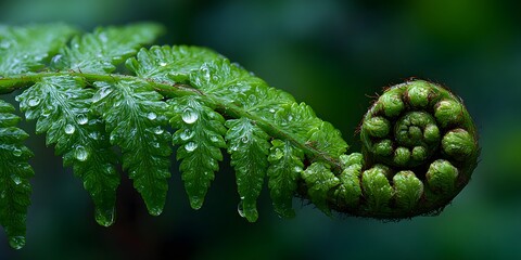 Macro: unfurling vibrant green fern frond. Sharp focus: intricate leaflet textures, patterns. Blurred dark green forest background. Glistening dew.