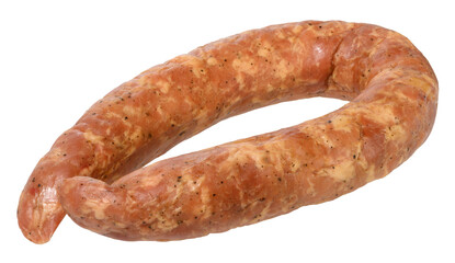 Smoked sausage with visible spices, isolated background. Delicious meat product