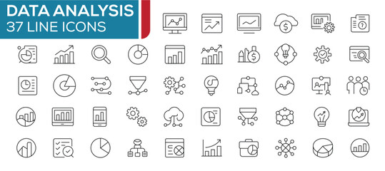 Data analysis thin line icon set. Data cloud analysis technology symbol. Containing database, statistics, analytics icons. Editable stroke. Vector illustration. 