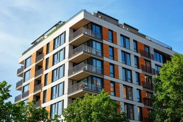 Fototapeta premium Modern High-Rise Living: Sleek Exterior with Windows and Balconies in a Vibrant Urban Landscape
