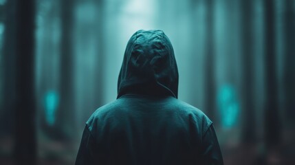 A hooded figure stands amidst a misty forest, embodying an aura of mystery and solitude, as ethereal shapes emerge softly in the background, provoking deep contemplation.
