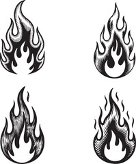 Vintage Flame Ink Illustration, Hand-Drawn Fire Element Art, Retro Monochrome Burning Design.