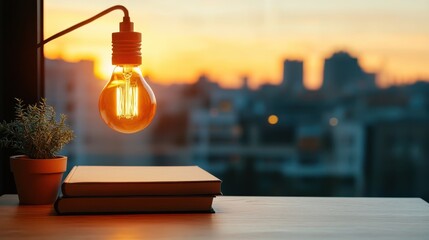 A vintage-style light bulb hangs above a stack of books, illuminated by the warm glow of a sunset, perfect for creating a cozy atmosphere in a modern living space.