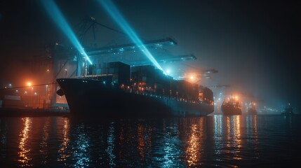 Obraz premium Cargo management logistics security concept. A cargo ship illuminated by blue beams at a foggy port, reflecting lights on the water's surface.