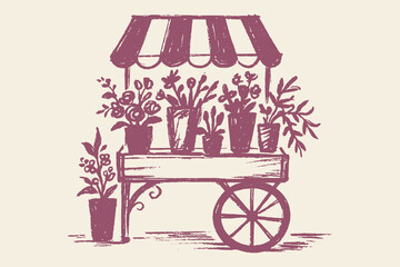 Flower cart market scene brush sketch vector illustration