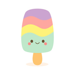 Colorful vector ice cream popsicle with happy expression. 
Ideal for children’s prints, stickers, and sweet-themed designs.