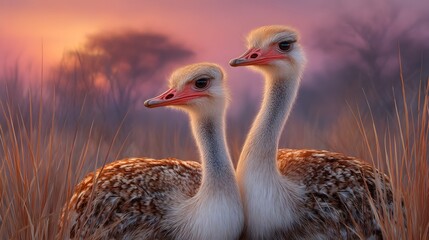 Fototapeta premium A pair of ostriches standing side by side in a grassy open field, captured in natural daylight, highlighting their size and wild elegance.