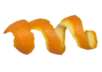 Twisted strip of orange peel on isolated background
