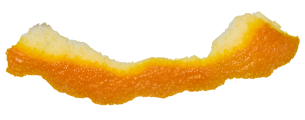 Close-up of a long strip of orange peel on a white background
