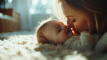 A heartwarming close-up of a mother and her baby sharing a tender moment awash in soft light, epitomizing love, connection, and maternal warmth.