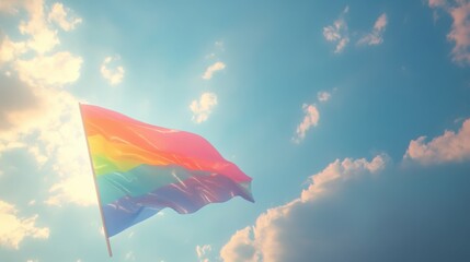 Vibrant LGBTQ Flag Dancing Against a Cloudy Sky: A Celebration of Freedom, Love, and Community Spirit for Pride Month