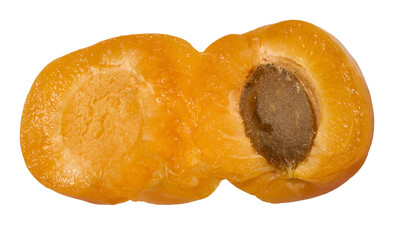 Close-up of ripe apricot with pit showing bright orange flesh and texture of fruit, isolated background