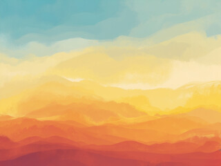 Obraz premium An abstract digital painting capturing a vibrant sunset over rolling hills, with gradients of blue, yellow, and orange. Ideal for backgrounds or nature-inspired designs.