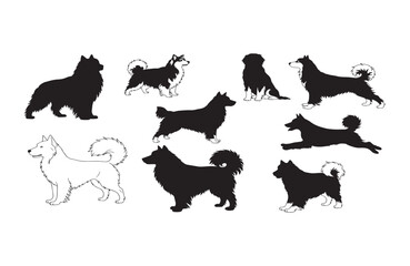 Collection of Dog Silhouettes Alaskan Malamute, Siberian Husky, and Other Breeds - Vector Illustrations