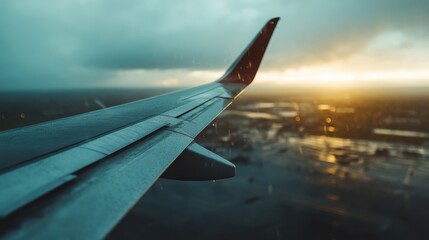 The image captures an airplane wing with raindrops against a cloudy sky, showcasing the beauty of travel during a sunset over a scenic landscape below.