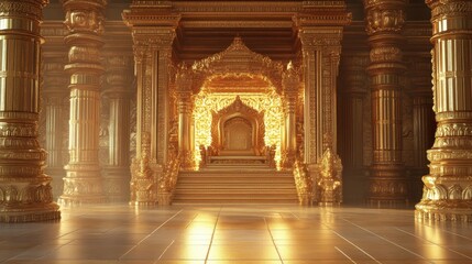 Fototapeta premium Majestic Golden Throne Room: A Fantasy Sanctuary for Indian Deities with Opulent Decor and Abundant Copy Space