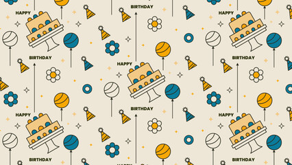 Festive birthday celebration pattern with cake and balloons.
