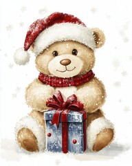 Adorable Christmas Bear Surrounded by Festive Gifts on a Bright White Background