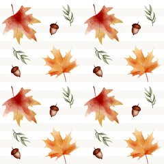 Seamless watercolor autumn pattern with leaves, herbs. Hand painted fall background for fabric and print