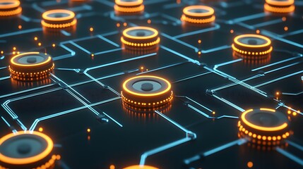 Circuit board with glowing circles