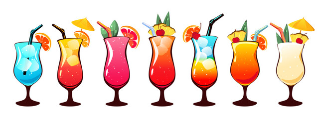 Set of summer alcoholic cocktails. Blue lagoon, pina colada, sea breeze, Bahama Mama. Vector illustration.