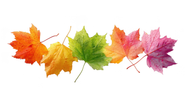 Four maple leaves in vibrant colors illustrate the seasonal transition from spring to winter, adorned with water droplets against a transparent background