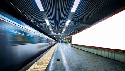 two fast moving trains race through a subway station flanking a blank billboard capturing the bustling energy and pace of urban life in a modern landscape