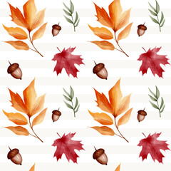Autumn botanical watercolor background. Seamless pattern with leaves, herbs for textiles and wrapping paper