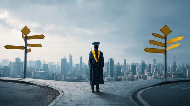 Student in graduation attire standing thoughtfully at intersection with directional signs, modern city skyline in distance, visual metaphor for career choices and life direction