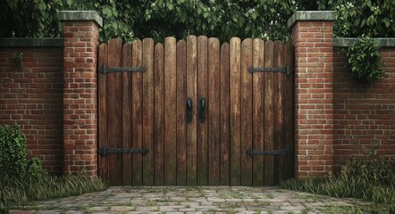 Decorative Wooden Driveway Entrance Gates Framed by Brick Fence and Illuminated Garden Lights