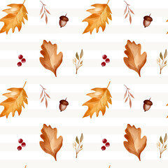 Fall foliage watercolor seamless pattern. Hand drawn leaves, berries and herbs for seasonal decor