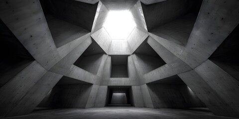 Fototapeta premium Symmetrical wide-angle view of sharp concrete structural lines in a Brutalist interior, converging centrally toward a skylight, stark shadows defining geometric forms.