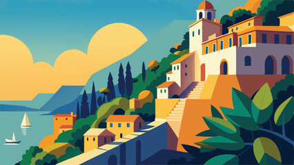 Italian coast amalfi town art illustration travel destination