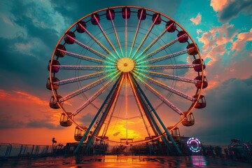 Symmetrical centered view of Ferris wheel at dusk with glowing seats and nostalgic atmosphere, ample sky copy space for design use