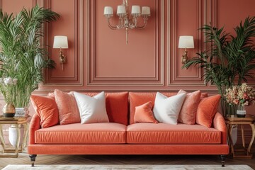 Obraz premium Chic Coral Elegance: Contemporary Living Room Interior with Luxurious Wall Decor and Stylish 3D Elements for a Fashion-Forward Look