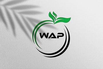 Wap logo design with green leaves and circular frame