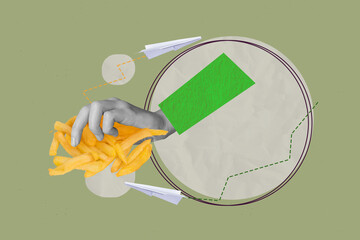 Poster banner collage of hand gesture eating products on khaki background