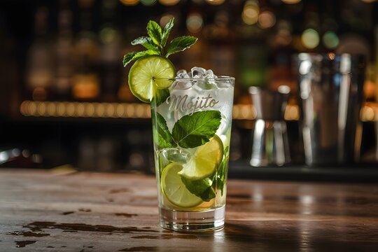 Refreshing mojito cocktail on wooden bartop