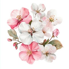 Elegant watercolor floral arrangement featuring pink blossoms, delicate buds and lush green foliage set against a pristine white background, perfect for decorative prints, greeting
