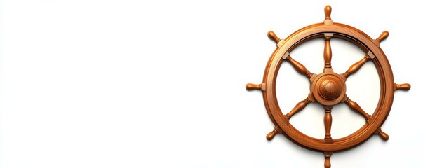 Elegant Wooden Ship's Steering Wheel with Eight Spokes and Rounded Handles on White Background for Nautical, Maritime, Travel and Marine Design Use