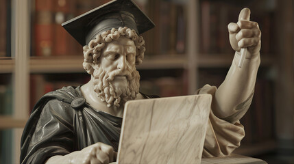 Obraz premium Classical education diploma computer scholar. A scholar graduate using laptop in cap and academic gown. Greek sculpture thumbs up, with graduate cap and gown. Renaissance education statue 
