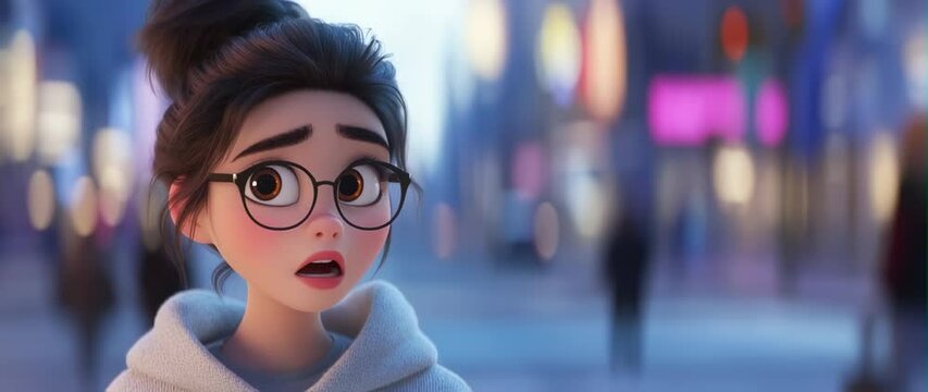 Anamorphic video beautifully animation 3d character of a young woman 