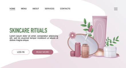 Skincare Rituals landing web page template with cosmetic bottles on floral background