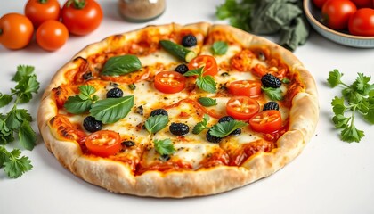 A delicious vegetable pizza on a white background, vegetables, closeup