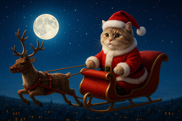 Santa Cat Flying in Sleigh over Winter Night Town, Generative AI