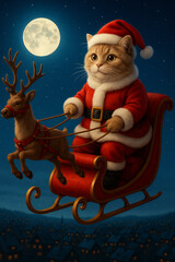 Whimsical Santa Cat Flying in Sleigh over Winter Night Town, Generative AI